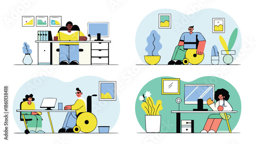 Diverse people with disabilities working in modern office spaces