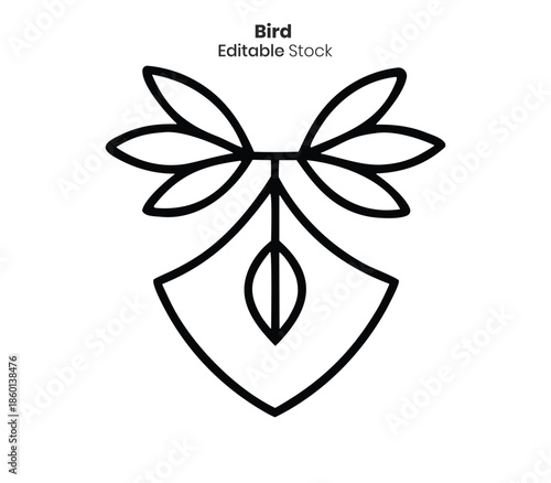 Simple black and white line art illustration of a bird with stylized plumage design