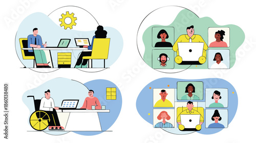 Diverse team collaborating remotely with laptops in modern office spaces