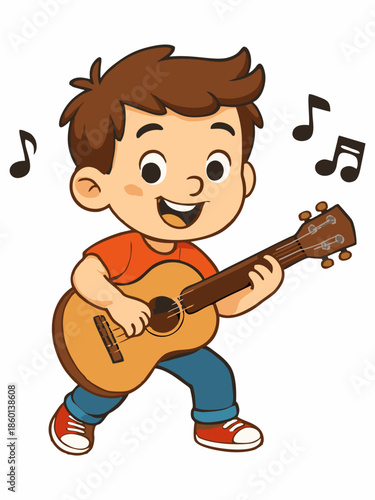 Happy Cartoon Boy Playing Acoustic Guitar