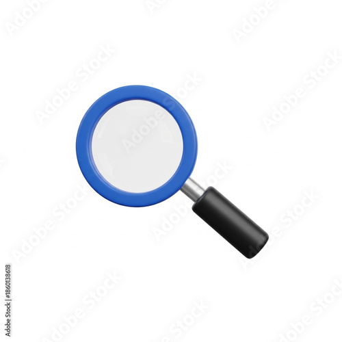 Bilde på lerret 3D magnifying glass with a blue frame and black handle for search, exploration,