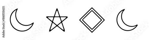 A simple illustration showcasing various geometric shapes including a crescent moon star diamond and another crescent