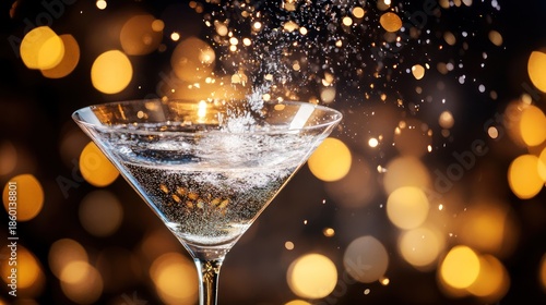 Elegance in a Glass: Sparkling Martini with Golden Bokeh Backdrop