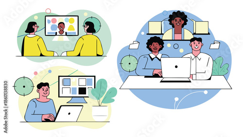 Diverse team collaborating remotely with laptops and video calls in modern office
