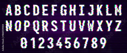 HACKED Cyber Pixel Noise RGB Glitch Type Font. Alphabet Letters Isolated on Black Background. Distorted Glitched Pixels Effect Letters and Digits. Cyberpunk Style Error Font Vector Illustration.