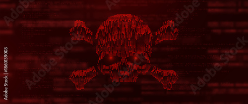 System Hacked Error Dark Red Glitched Skull Background. Digital Scam, Fraud, Computer Virus, Malware, Ransomware, Data Breach Concept. Vector Illustration.