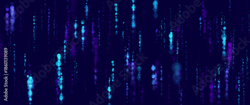 Abstract Technology Futuristic Digital Concept Pattern with Lighting Glowing Circles on Dark Blue Background. High Tech or Science Research Presentation Backdrop. Vector Illustration.