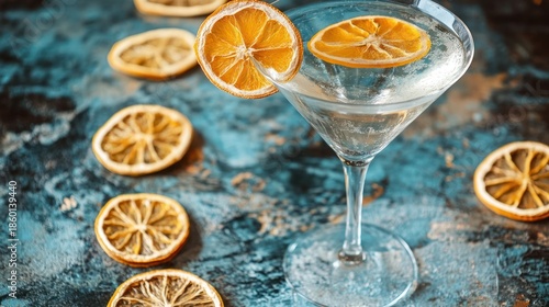 Aperitif presentation with dried oranges creating a vibrant cocktail still life