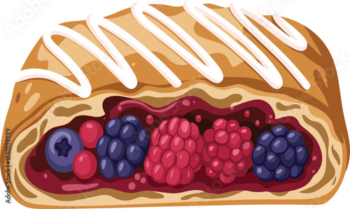A Detailed Painterly Vector Illustration Showing a Head-On Cross-Section of a Berry Strudel Filled with Raspberries, Blueberries, and Blackberries with White Icing.
