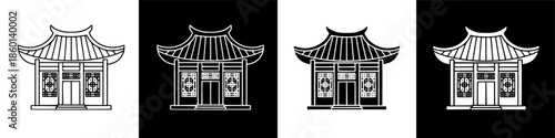 Stylized Asian Traditional House Icon Design on Black Background, Architectural Illustration