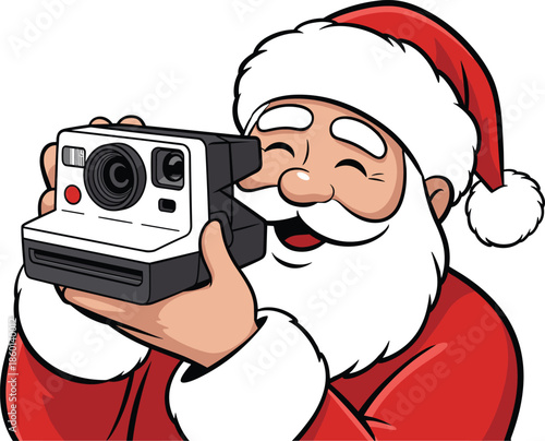 A Cheerful Cartoon Illustration of Santa Claus Smiling and Taking a Photo with a Classic White Instant Film Camera