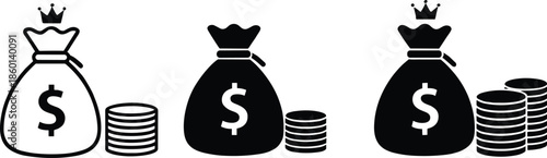 Black and white money bags with dollar signs and stacked coins icon set for finance, banking, savings and investment themes
