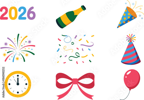 A Refined Flat Vector Celebration Set for 2026 Featuring Intricate Fireworks, Champagne, Polka-Dot Party Poppers, Decorative Bows, Balloons, and Detailed Midnight Clocks.