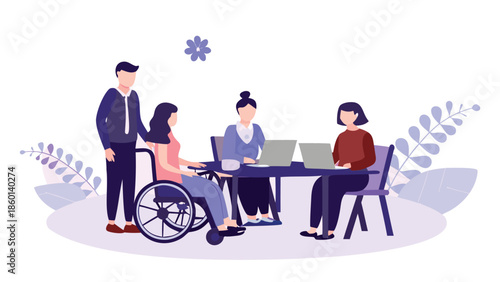 Diverse team collaborating in modern office space with wheelchair accessibility