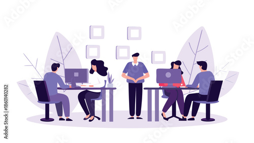 Diverse team collaborating in modern office space with computers