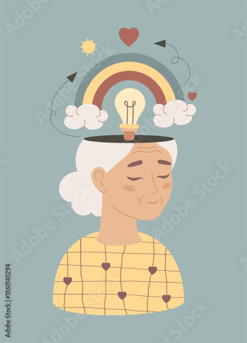 Mental Health Senior Wisdom Inspiration Emotional Wellness. Happy Elderly Lady with Harmony, Idea and Rainbow. Vector Illustration. Not AI