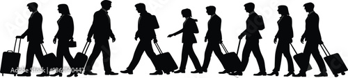 Silhouette of professional business people walking with luggage suitcases, corporate travelers on the move, airport commuters, isolated vector graphic design (20 words)
