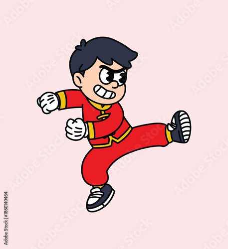 A dynamic cartoon illustration of a young boy in a red traditional Chinese martial arts uniform executing a powerful kick. Chinese boy Lunar New Year Character.