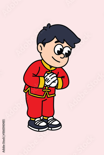 A cute cartoon boy wearing a red traditional Chinese outfit with gold trim, bowing with hands clasped in a gesture of greeting or respect. Chinese boy Lunar New Year Character.