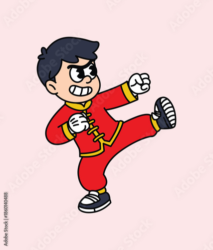 A stylized cartoon illustration of a young boy in a red martial arts uniform executing a dynamic kick. Chinese boy Lunar New Year Character.