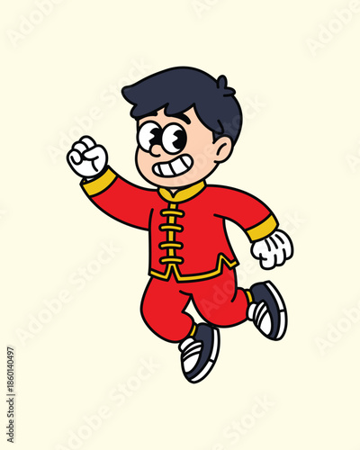 A cheerful cartoon boy dressed in a red traditional Chinese outfit is captured mid-jump, conveying energy and happiness. Chinese boy Lunar New Year Character.