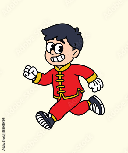 A cheerful cartoon boy in a red traditional Chinese outfit is depicted running with a joyful expression. Chinese boy Lunar New Year Character.