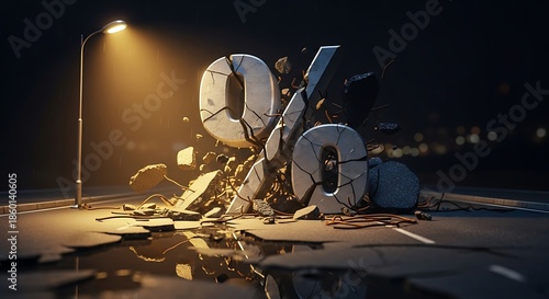 Cracked Percentage Sign on Street at Night