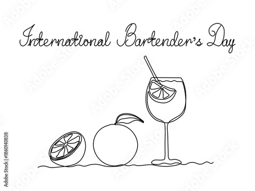 International Bartender's Day. Greeting card. Abstract cocktail glass with a straw and an orange, continuous single one line art hand drawing sketch logo on white background