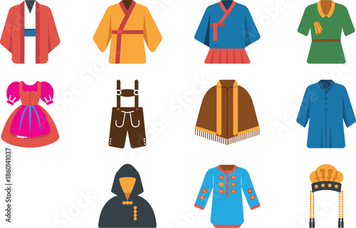 A Simplified Vector Icon Set of Traditional Global Clothing Featuring Minimalist Designs for Kimonos, Lederhosen, Ponchos, and Cultural Tunics in Vibrant Flat Colors.