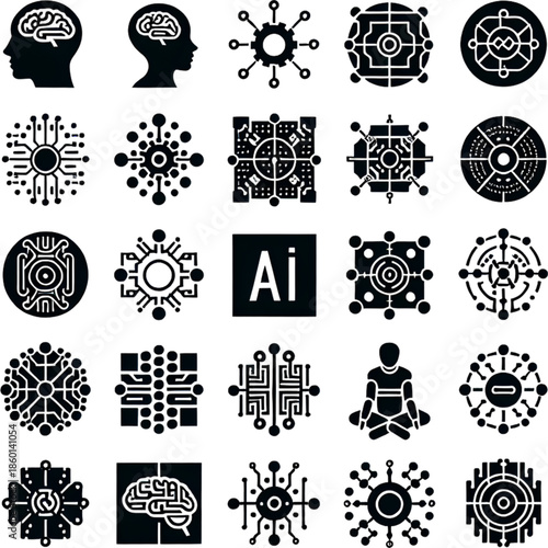 AI and Technology Icons: A collection of various computer-generated icons, encompassing aspects of artificial intelligence and technological advancements.
