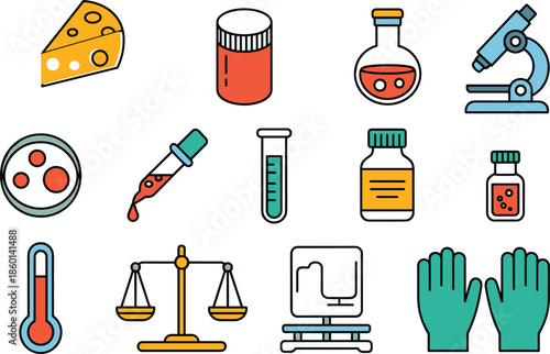A Refined Vector Icon Set of Laboratory Equipment and Food Testing Elements Featuring Microscopes, Beakers, Pipettes, Scales, and Specialized Dairy Analysis Tools.