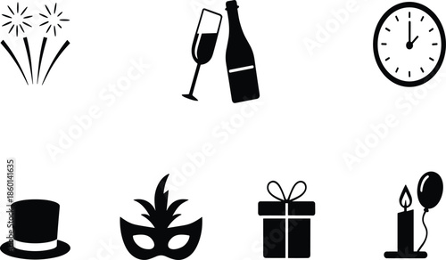 A Minimalist Vector Icon Set of New Year Celebration Elements Including Fireworks, Champagne, a Clock at Midnight, a Masquerade Mask, and Party Favors.
