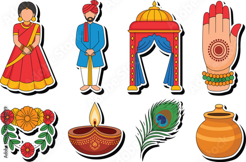 A Detailed Indian Cultural Sticker Set Featuring Traditional Attire, Architectural Elements, Mehndi Art, a Peacock Feather, and Intricately Patterned Ceremonial Diya Lamps.