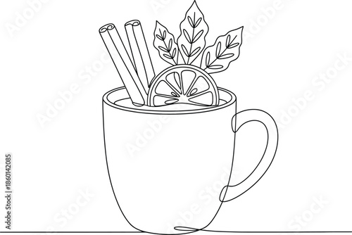 Outlined drawing of a mug with steaming liquid and cinnamon sticks on a white background space
Hot Beverage Cup with Cinnamon and Lemon Line Art Illustration
