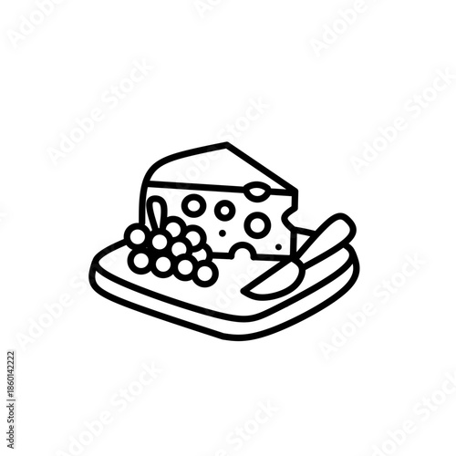 Cheese Board with Grapes and Knife Line Art Illustration