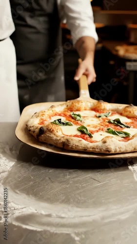 Chef sliding a raw pizza into a traditional wood-fired oven using a peel, baking process in an Italian restaurant.