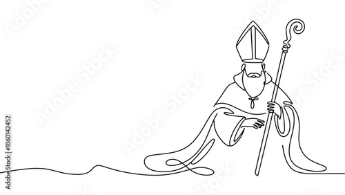  Minimal continuous line art illustration of saint nicholas bishop holding pastoral staff representing orthodox christian faith tradition spirituality and religious heritage isolated on white