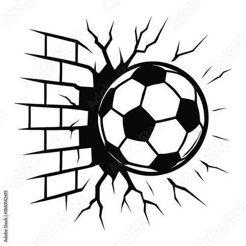 Soccer Ball Breaking Through Wall Vector, Dynamic Football Action Illustration, Sports Concept Isolated on White Background 