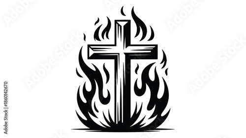  Burning christian cross with flames symbol representing faith sacrifice spirituality belief religion worship devotion hope and salvation icon illustration