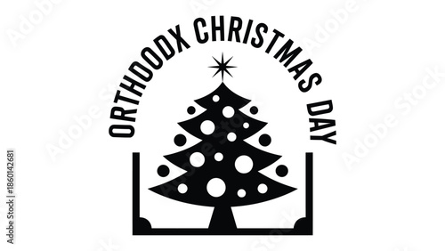  Orthodox christmas day emblem with decorated fir tree and star, black and white religious holiday icon illustration for christian faith, celebration, church events and winter design use