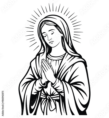  Virgin mary praying with halo in detailed line art style, christian religious illustration of holy mother, sacred spiritual artwork for faith, worship and church design use