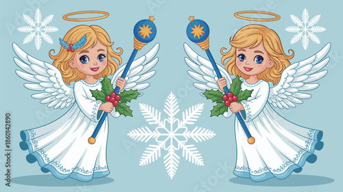  Cute christmas angels holding flowers with halos and wings, winter holiday illustration with snowflakes, childlike guardian angel artwork for greeting cards and decorations