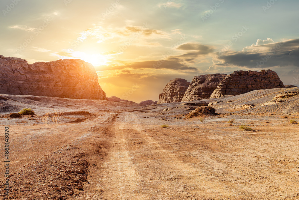 custom made wallpaper toronto digitalDesert road and tire tracks with spectacular yardang landforms mountain natural landscape at sunset