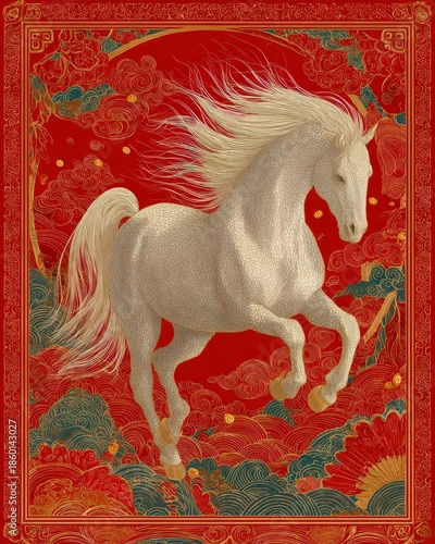 White horse celebrating chinese new year prosperity