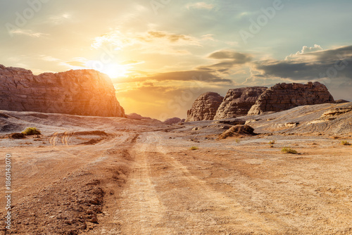 Wallpaper Mural Desert road and tire tracks with spectacular yardang landforms mountain natural landscape at sunset Torontodigital.ca