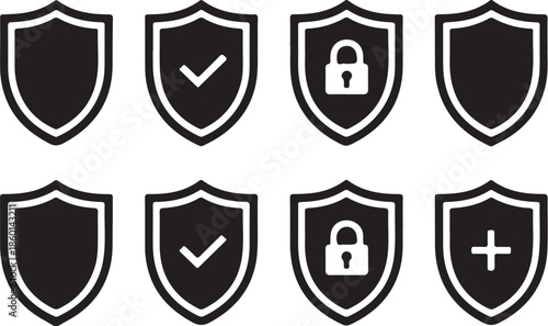 Set of black and white security shield icons online safety