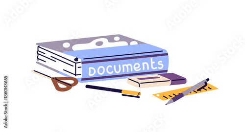 Thick folder of documents, paper notes, sheets. Office supplies. High school stationery for study, learning: pen, pencil, highlighter, scissors. Flat isolated vector illustration on white background