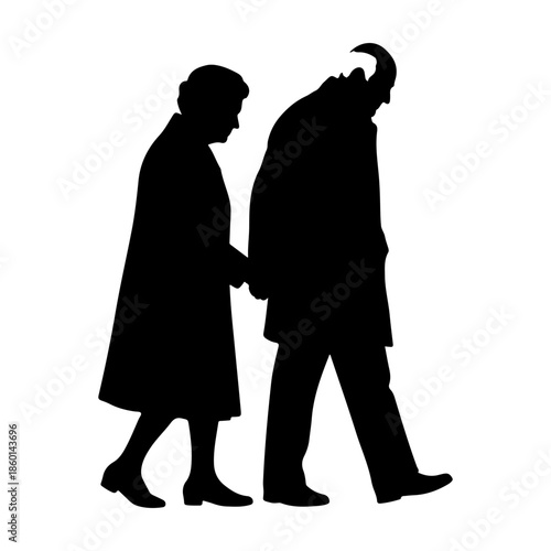 Elderly couple walking hand in hand, a silhouette representing enduring love and companionship Vector