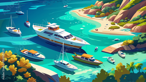 Very beautiful aerial view of yachts floating on crystal-clear turquoise water, creating a serene summer seascape from above in Croatia, symbolizing luxury travel and coastal relaxation.