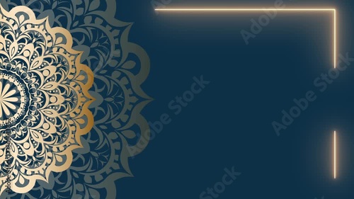 Elegant Mandala Design with Neon Frame on Dark Blue Background.